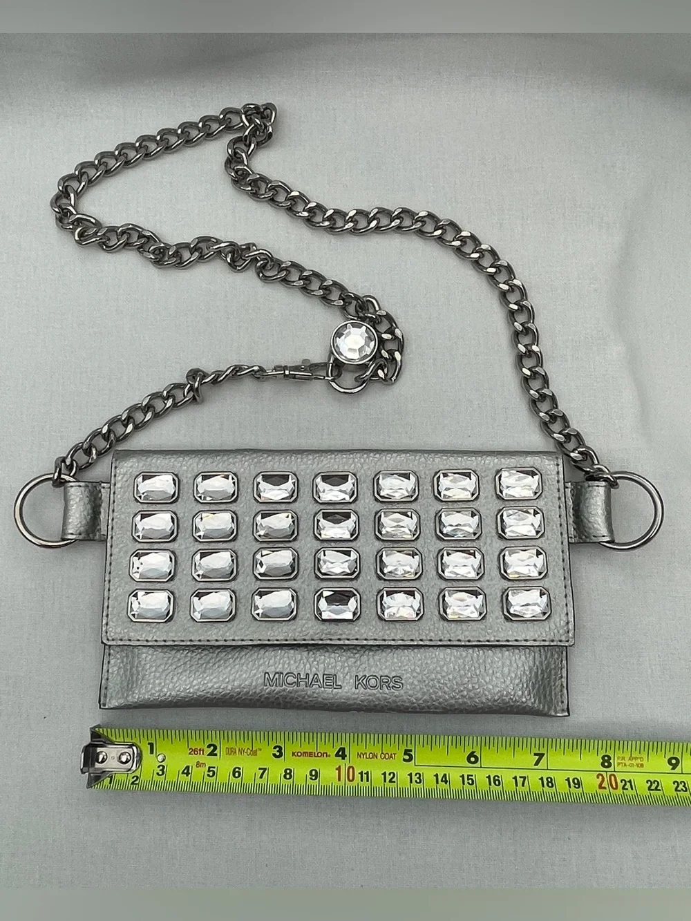 NWO. Michael Kors Silver Crystal-Embellished Chain Crossbody or Belt Wallet.